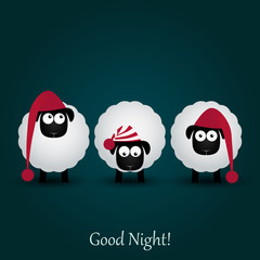 Three cute cartoon sheeps in funny hats. Good night.