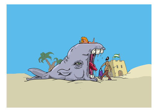 A bearded guy with a shopping bag walking on the sand with a girl in a bikini on a whale. Vector illustration