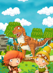 Obraz na płótnie Canvas Cartoon happy dinosaur - tyrannosaurus - happy pair of people - illustration for children