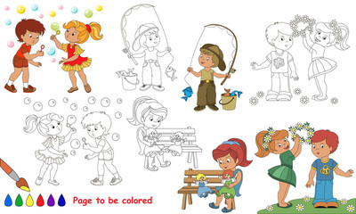 Kid summer playing cartoon. Page to be colored.