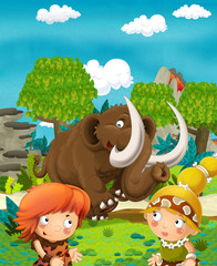 Cartoon happy mammoth - happy pair of people - illustration for children