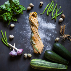 Fresh Homemade Pasta Pappardelle on the gray wooden table