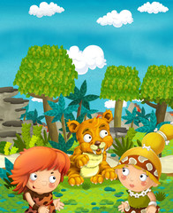 Obraz na płótnie Canvas Cartoon happy sabre tooth - happy pair of people - illustration for children