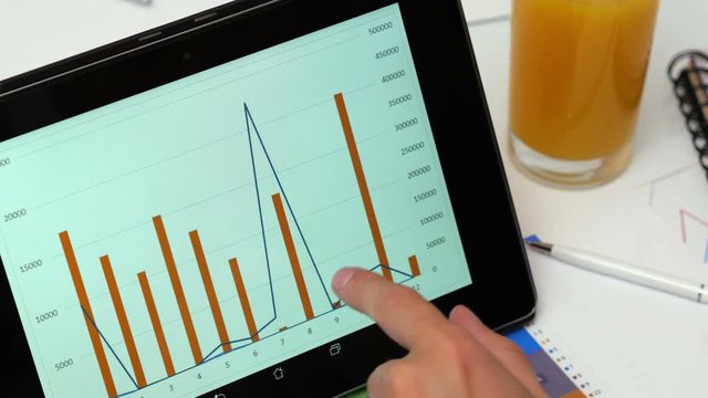 Hands check diagrams with numbers on black tablet. Orange juise and white pen on the work table. Using modern technology at working place. Closeup. 4K Ultra HD.
