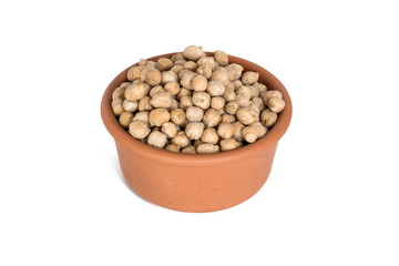 Uncooked chickpeas on white background