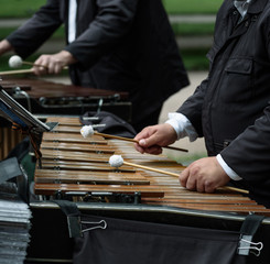Close up of musician playing on xylophone.