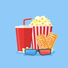 Movie poster template. Popcorn, soda takeaway, 3d cinema glasses and tickets. Cinema design in flat style, Vector illustration.