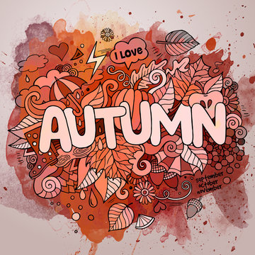 Autumn season hand lettering and doodles elements 