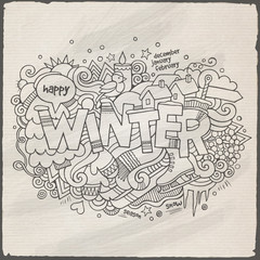Winter hand lettering and doodles elements background