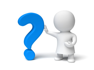 white 3d character wearing a gown holding a blue question mark (3D illustration isolated on a white background)