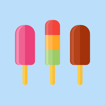 Set of ice cream. Ice lolly isolated on blue background. Flat style vector illustration.