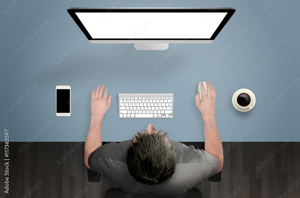 Poster top view of clean designer desk. beside is smart phone and a cup of coffee.