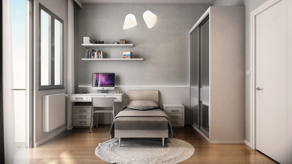3D render yatak odası ve mobilyalar