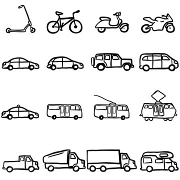 Vector Set of Black Doodle Ground Transportation Icons