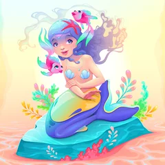 Selbstklebende Fototapeten Junge Meerjungfrau mit ein paar Fischen um sie herum © ddraw