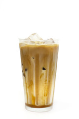 Iced caramel coffee in white background
