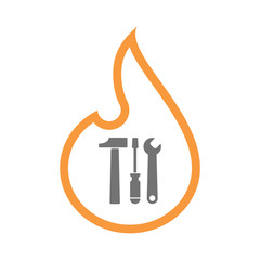 Isolated line art flame icon with a tool set