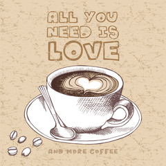 Poster with picture a cup of coffee on a saucer with spoon on beige background. Vector illustration.