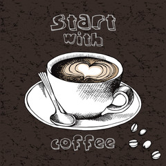 Poster with picture a cup of coffee on a saucer with spoon on black background. Vector illustration.