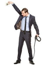 evil boss in a business suit with whip