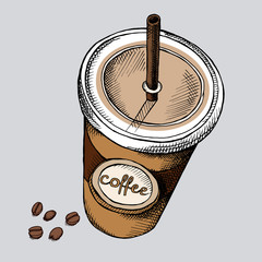 The image of a plastic cup of coffee. Vector illustration.