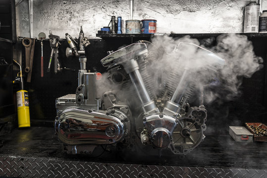 Motorbike engine in smoke