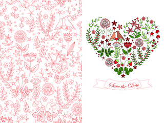 Save the date set from floral seamless pattern and heart shape from flowers, leaves, and birds couple. Romantic background