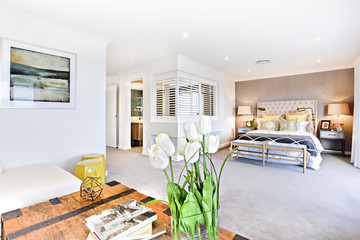 Modern living room and bedroom with a hallway