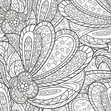 Hand-drawn seamless pattern of abstract geometric elements. Monochrome range. Pattern for coloring book. 