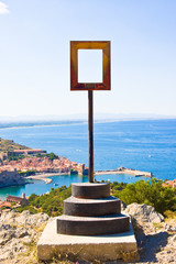 Copper frame against Collioure, France. These frames are in those places where artist Matisse painted views of city