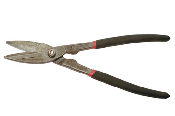 Old shears for cutting sheet metal isolated on white