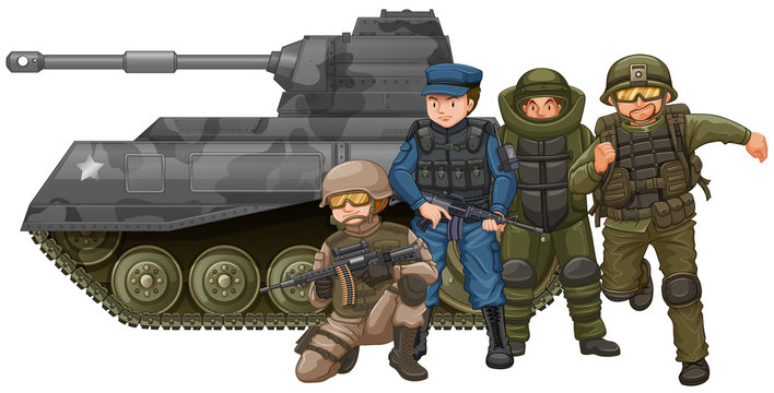 Soldiers and fighting tank