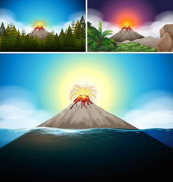Scenes with volcano in forest and ocean