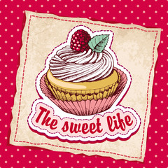 Emblem with a picture of raspberry cupcake. Vector illustration.