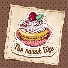 Emblem with a picture of raspberry cupcake. Vector illustration.