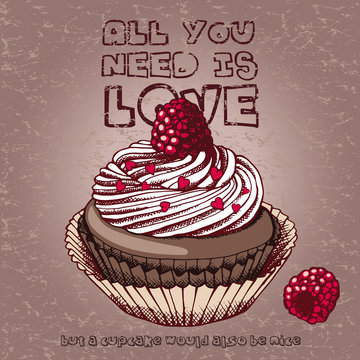Retro poster with image a raspberry chocolate cakes in pink-beige tones. Vector illustration.