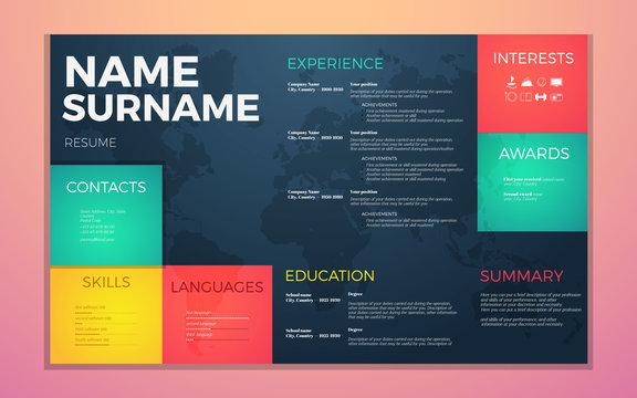 modern cv resume template. Bright contrast colors infographic with curriculum vitae infographic