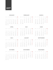 Bright Modern white vertical Calendar for 2017. Week Starts Monday