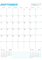 September 2017. Vector Print Template. Monthly Calendar Planner for 2017 Year. Week Starts Monday. 3 Months on the Page. Stationery Design