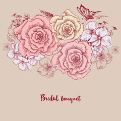 Bridal bouquet. Pink roses floral greeting card