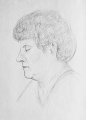 A portrait in profile of middle-aged women. Pencil drawing