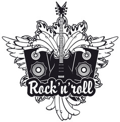 emblem with an electric guitar, wings, speakers and inscription rock and roll