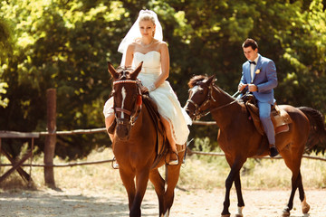 Groom and bride are riding horses