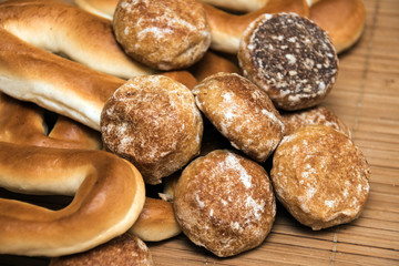 Honey-cake, bagels and cookies, close up background