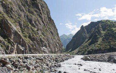 Dariali gorge.The Terek river and Georgian Military road connecting Georgia and Russia