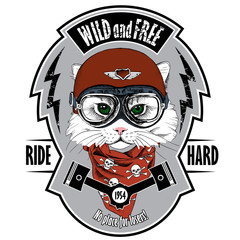 Emblem with portrait of a cat wearing motorcyclist helmet and neckerchief with image skulls. Vector illustration.