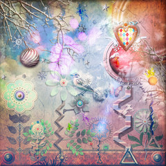 Giardino fantastico e fiabesco con fiori stilizzati,cuore,stelle,fiocchi di neve e farfalle © Rosario Rizzo