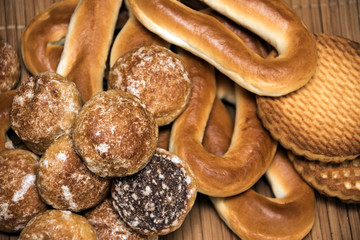 Honey-cake, bagels and cookies, close up background