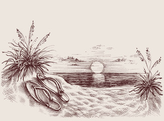 Sunset on the beach vector drawing. Flip flops on beach