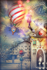 Hot air balloon in the old village with ancient palace © Rosario Rizzo